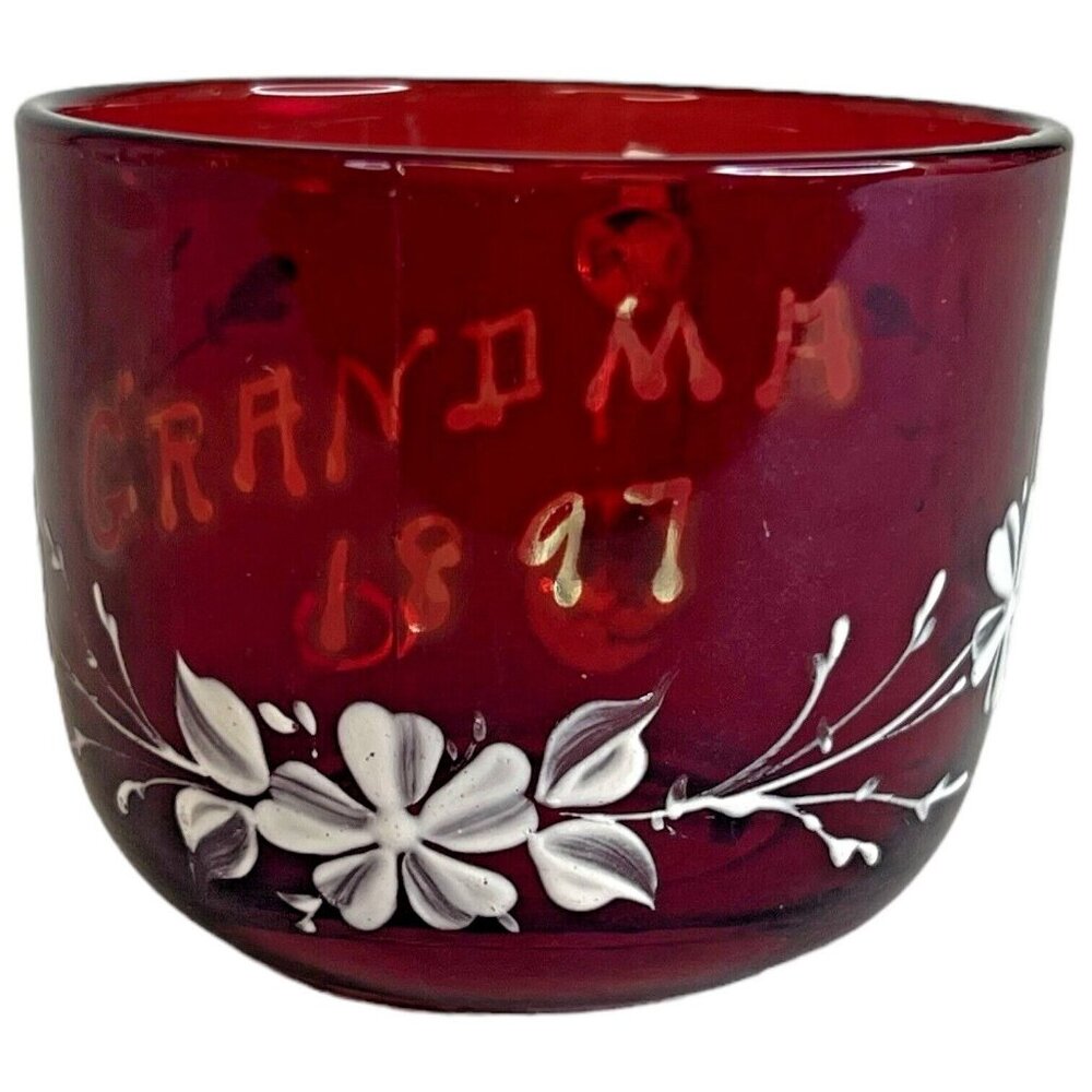 Antique Ruby Red‎ Flash White Clear Grandma 1897 Mug Cup Hand Painted Flowers